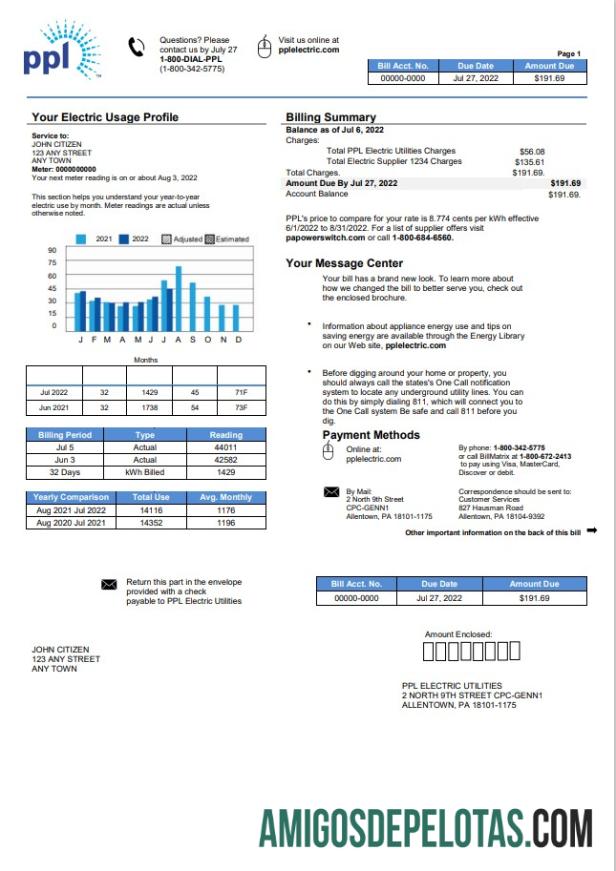 Para baixar modelo de conta de serviços públicos elétricos PPL da Pensilvânia nos EUA em formato Word e PDF